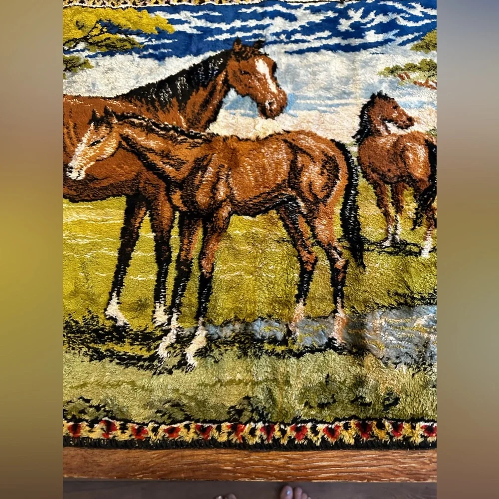 Vintage ITALIAN Velvet WILD HORSES Equine WALL Hanging TAPESTRY Rug MCM Italy